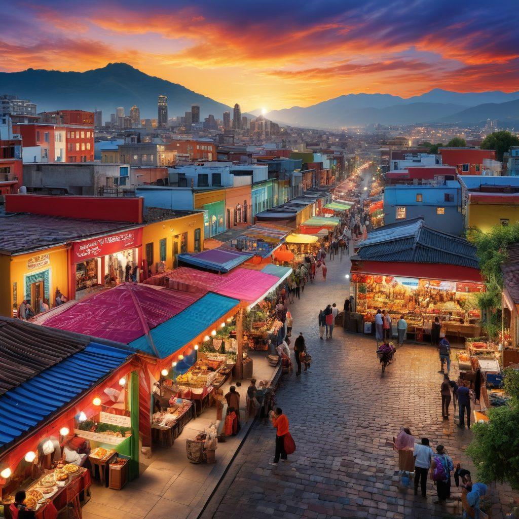 A vibrant city skyline showcasing various cultural elements influenced by Blatina culture, with colorful street art and lively markets. Include people from diverse backgrounds engaging in cultural exchange and traditional music playing in the background. Capture the warmth and charm of community gatherings and the blending of traditions. super-realistic. vibrant colors. cityscape.