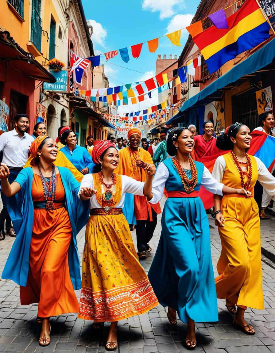 A vibrant collage showcasing the rich tapestry of Blatina culture, featuring joyful celebrations with traditional attire, diverse individuals of mixed heritage dancing, colorful patterns symbolizing unity, and vibrant street art in a city backdrop. The scene is filled with warmth and inclusivity, surrounded by multicultural elements such as flags, food stalls, and lively music. super-realistic. vibrant colors. 3D.