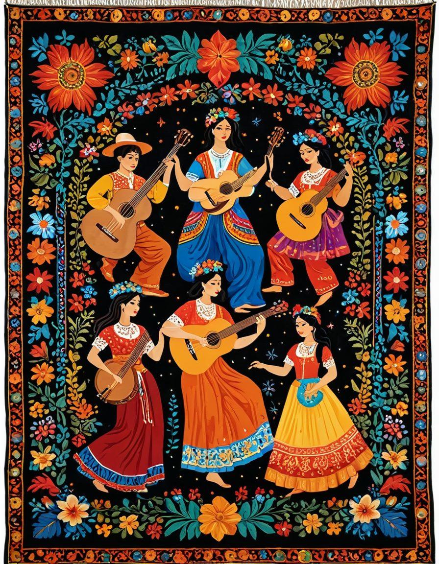 A vibrant tapestry showcasing the colorful diversity of Hispanic cultures, featuring intricate patterns inspired by traditional textiles, symbols representing various Hispanic heritages, and lively figures engaged in traditional dance and music. Include elements like flowers, traditional attire, and musical instruments that highlight cultural richness. super-realistic. vibrant colors. intricate details. textured background.